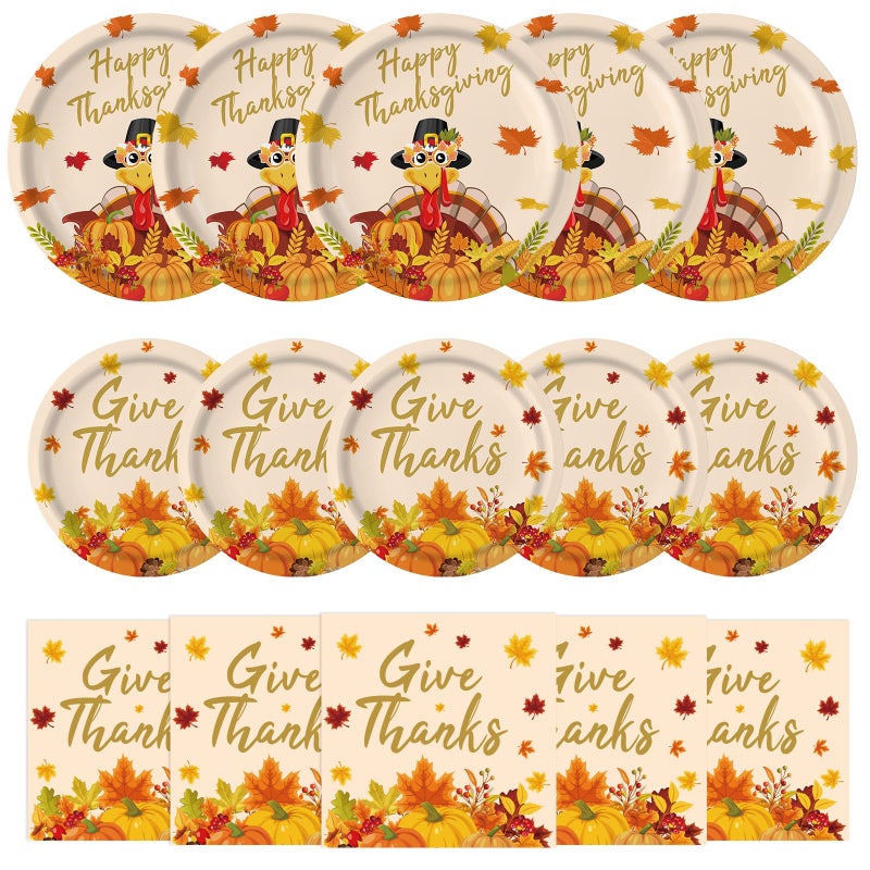 PERFQU 150 Pcs Thanksgiving Plates and Napkins Sets - Happy Thanksgiving Round Tableware, Disposable Fall Turkey Give Thanks Paper Dinner Dessert Plates Dinnerware for Thanksgiving Party Supplies, Serve 50 - Image 1